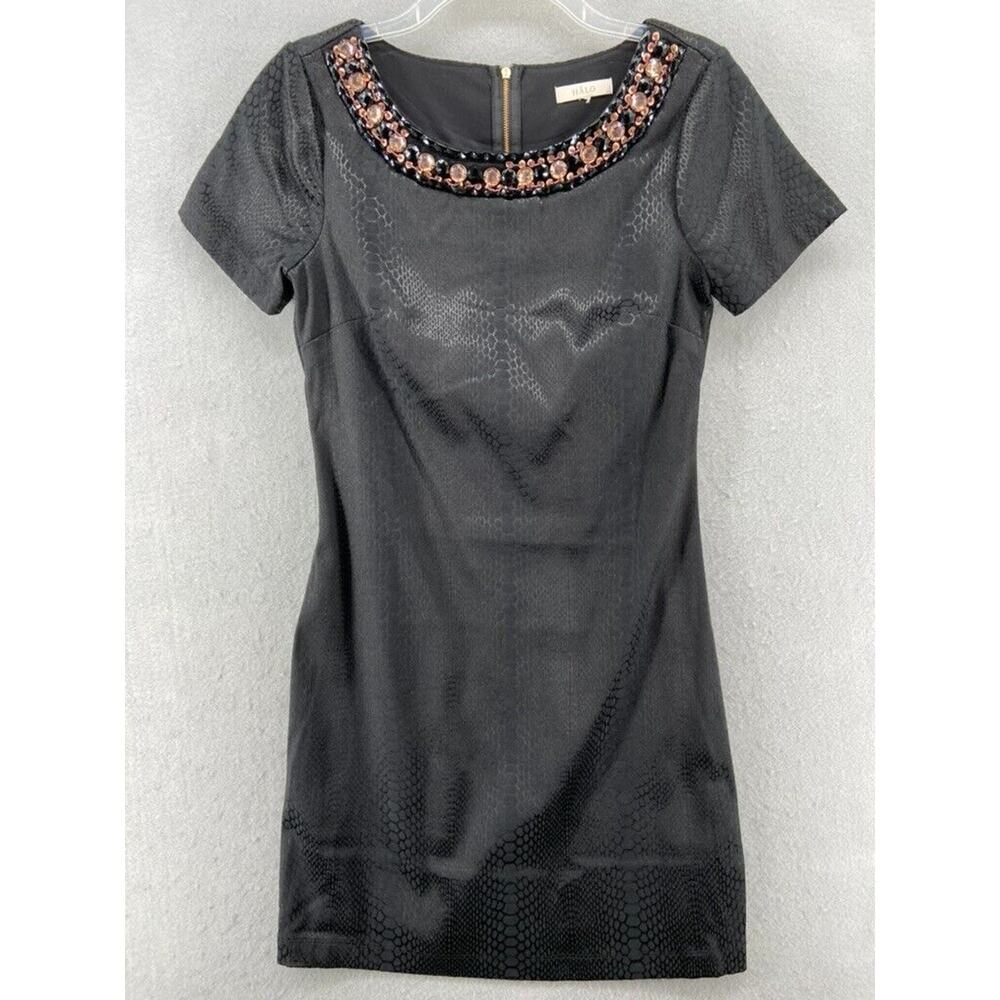 Halo Dress Sz S Black Snakeskin Beaded Neckline Short Sleeve Cocktail Fitted‎
